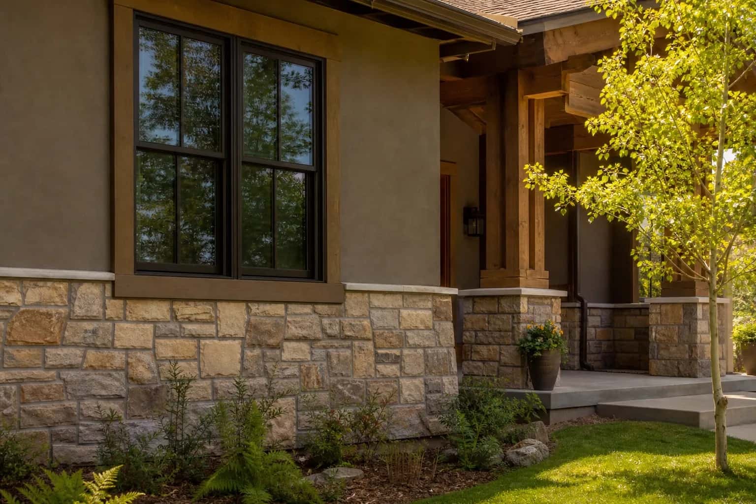 Home exterior with natural stone veneer wainscot on the lower wall and smooth stucco above, craftsman-style Colorado elevation