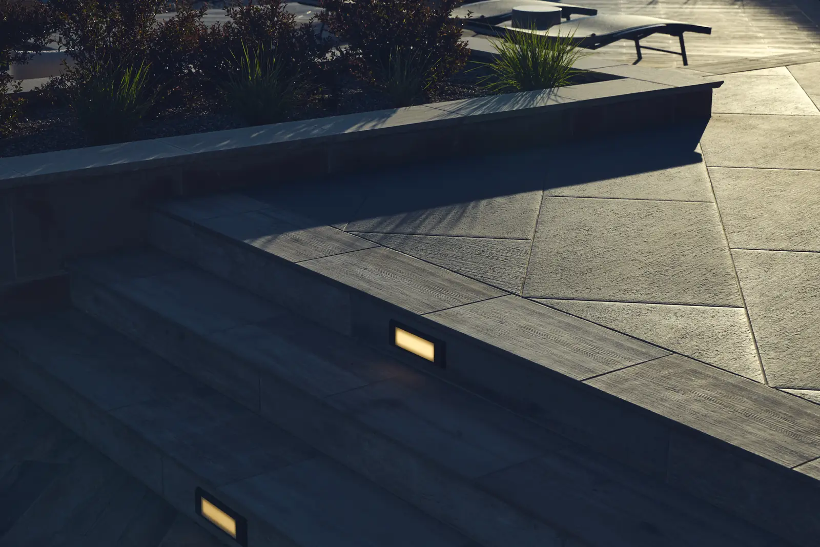 Porcelain paver step detail with recessed LED step light