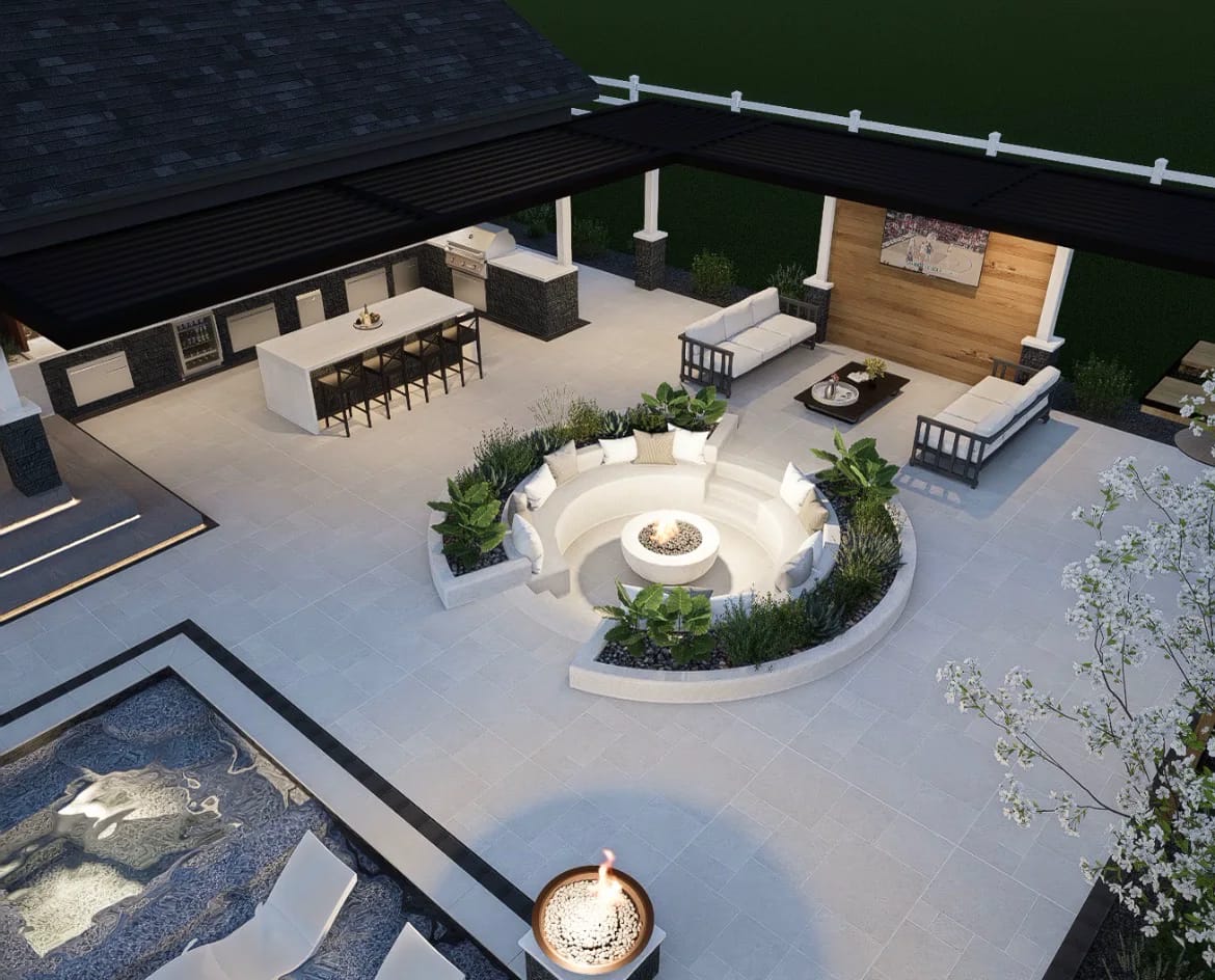 Aerial 3D design rendering of a covered outdoor kitchen with bar seating, a curved seat wall wrapping a circular fire feature, and a pool with a water feature