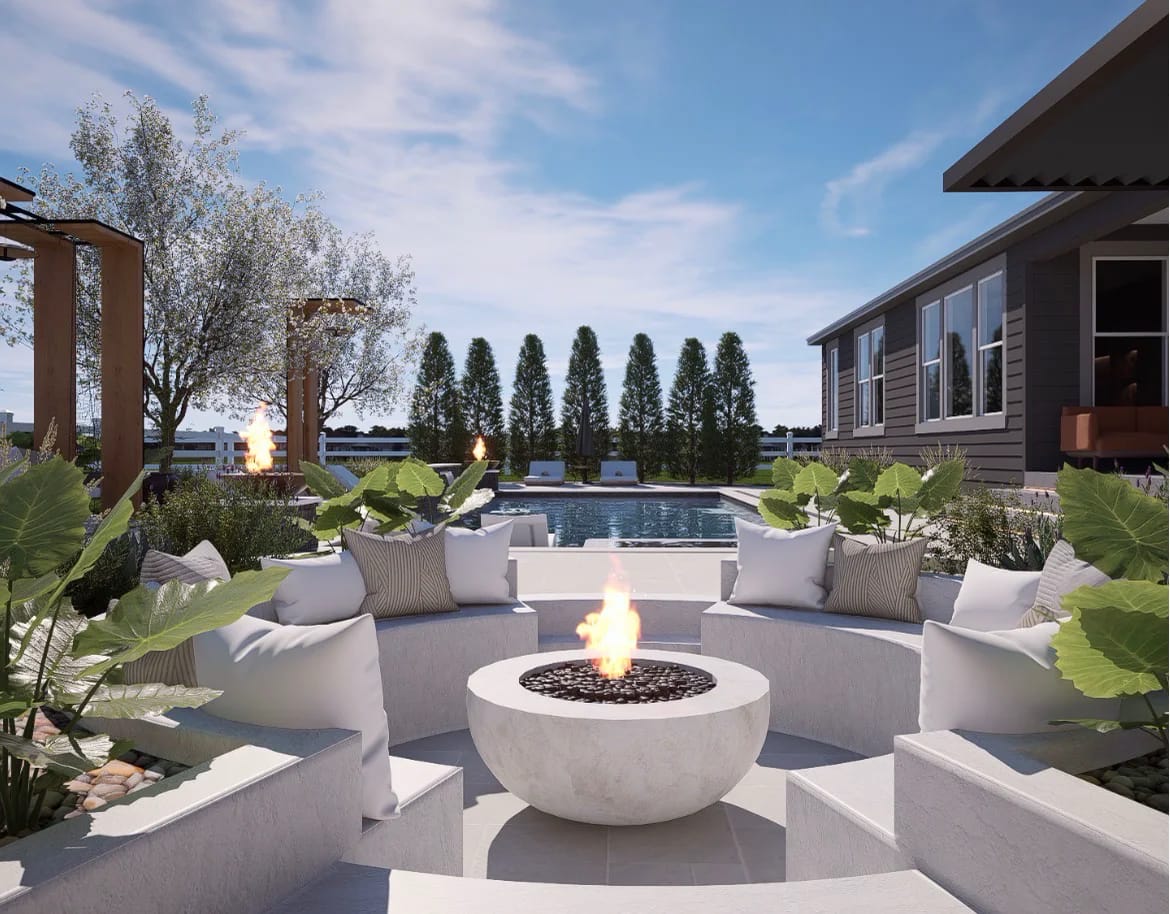 3D design rendering of a round concrete fire bowl ringed by built-in seating, with a pool, pergola, and fire columns beyond