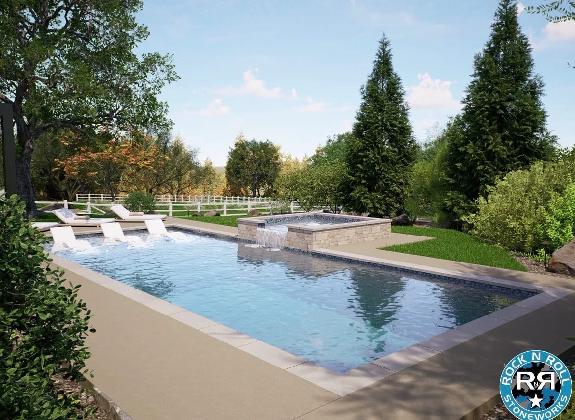 3D design rendering of a long pool with water features and an integrated spa, surrounded by a paver deck, lawn, and evergreens