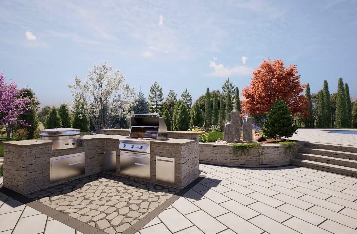 3D design rendering of an L-shaped stone outdoor kitchen with a built-in grill, set on a flagstone and paver patio with steps rising to a pool and autumn trees behind