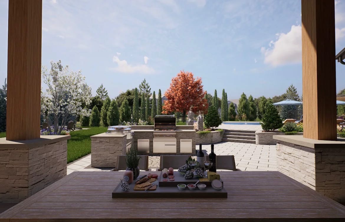 3D design rendering of an outdoor kitchen under a timber pergola, counter set for serving, with a paver patio and autumn planting around it