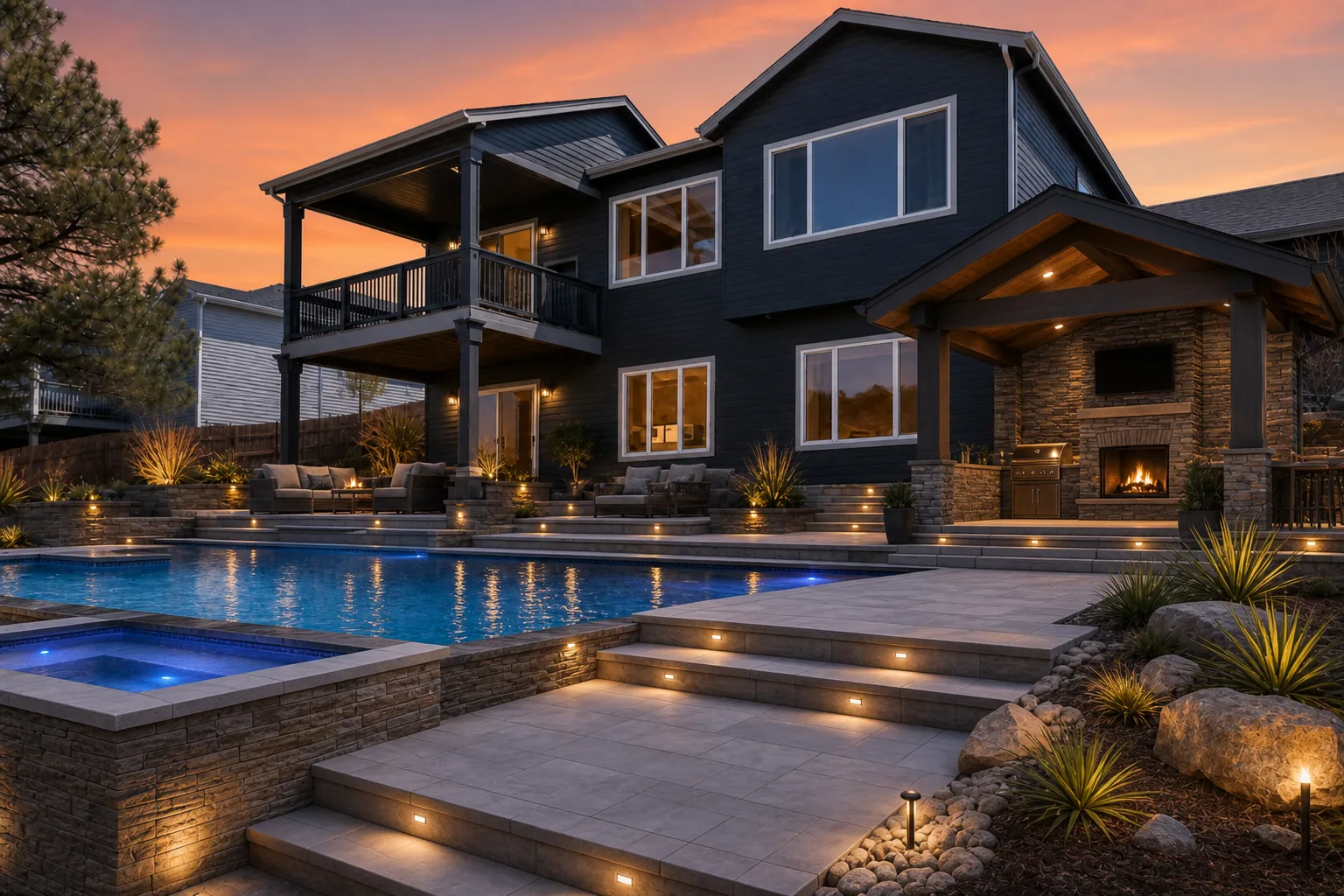 After: Illustrative “before” backyard with modern home on a slope, generic marketing visualization Illustrative “after” backyard concept at dusk with pool, pavilion, and lighting, generic marketing visualization