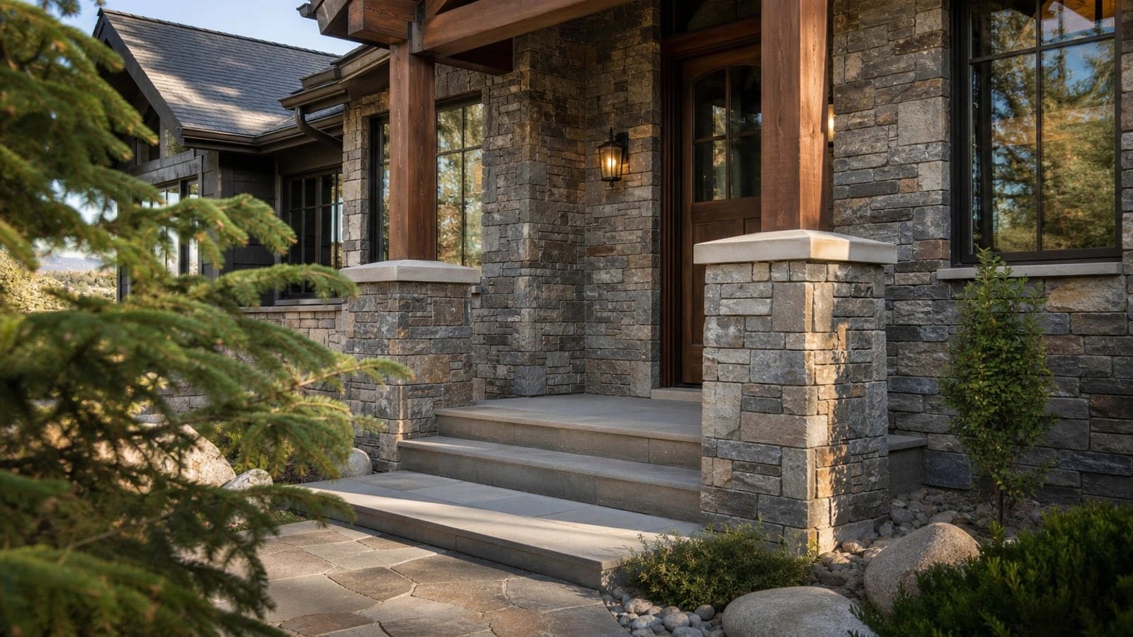 Stone veneer fireplace surround installation in Colorado