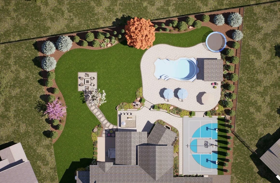 Aerial 3D site plan rendering of a whole property showing a freeform pool, sport court, lawn, planting beds, and patio areas laid out together