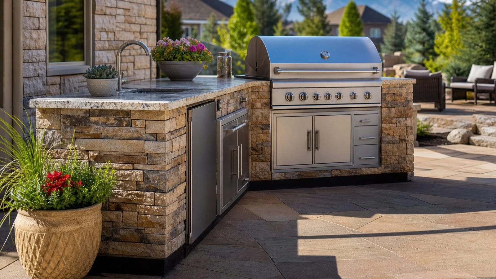 Custom outdoor kitchen with grill, stone veneer, and bar seating