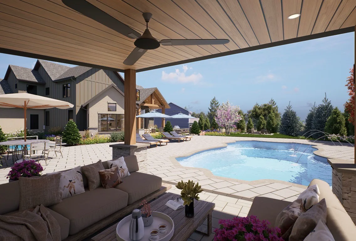3D design rendering of a covered patio with a large sectional and ceiling fans, opening onto a freeform pool with a shaded dining area