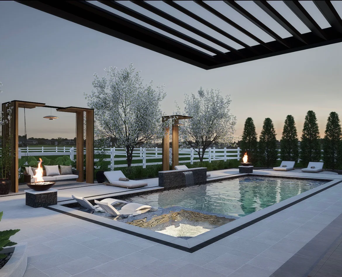 3D design rendering of a louvered pergola beside a rectangular pool with fire bowls, sun loungers, and a hanging daybed at dusk