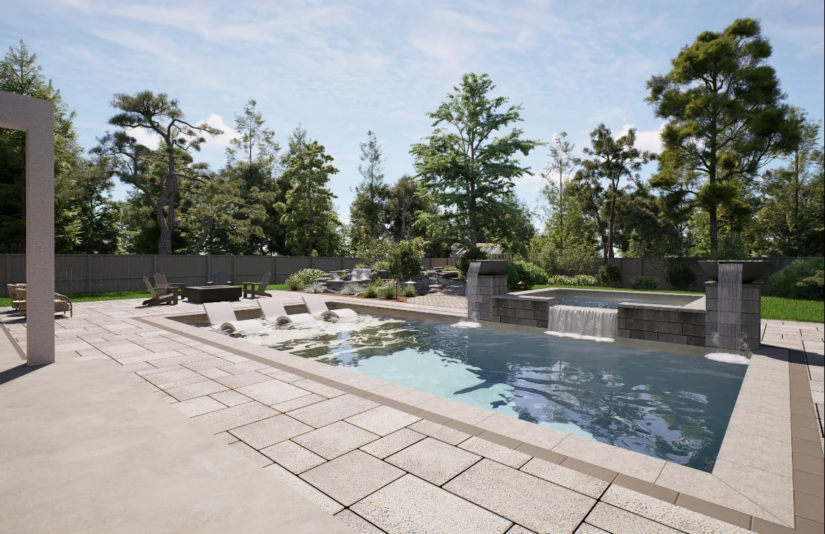 3D design rendering of a rectangular pool with sheer-descent water features and a raised spa, edged by a wide paver deck and mature trees