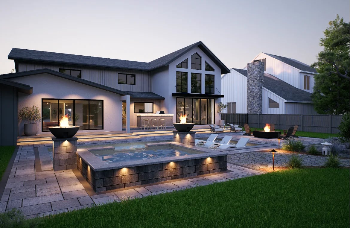 3D design rendering of a raised paver-clad spa with lit coping and twin fire bowls on pedestals, a pool and loungers beyond, a sunken fire pit lounge, and an outdoor kitchen bar against a modern gabled home at dusk