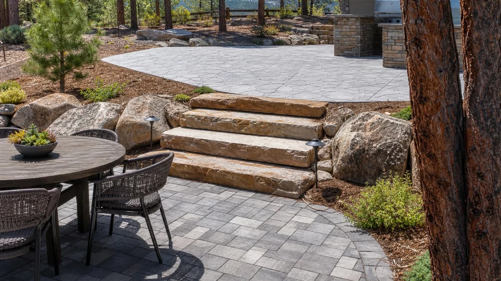 Colorado backyard showing paver patio, stone steps, and contrasting slab surfaces