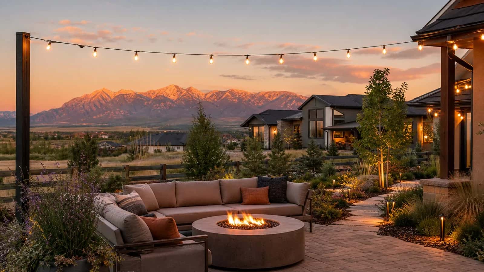 Colorado backyard outdoor living with patio, fire table, and string lights at sunset