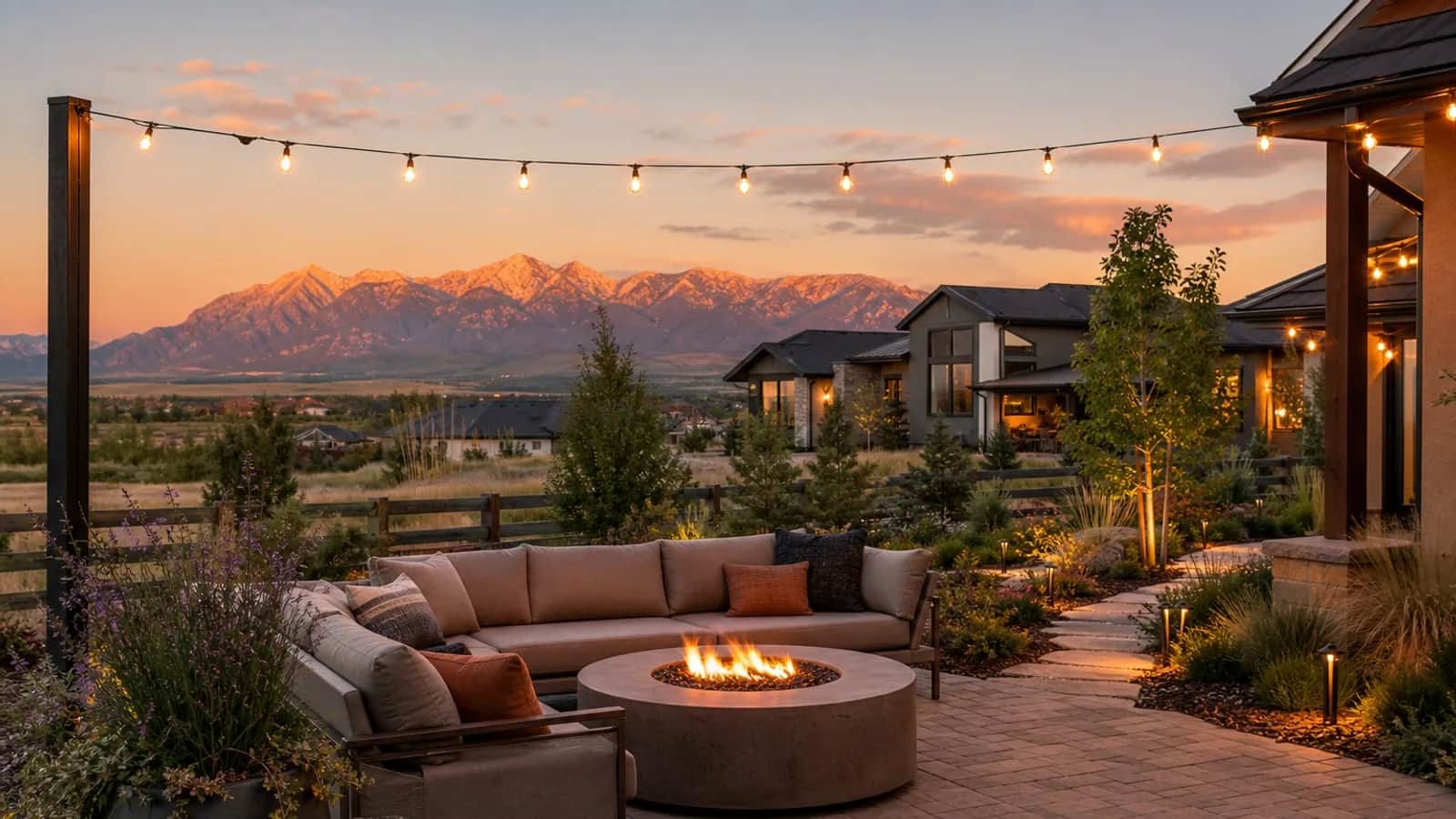 Colorado backyard outdoor living with patio, fire table, and string lights at sunset