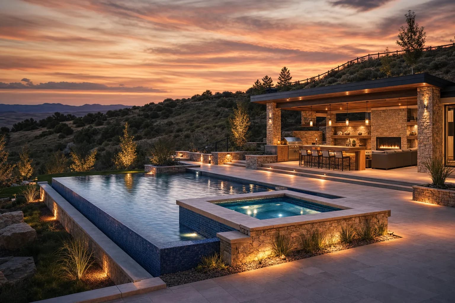 Illustrative dusk visualization of infinity pool, spa, stone pavilion, and outdoor kitchen, generic marketing image, not a specific client home
