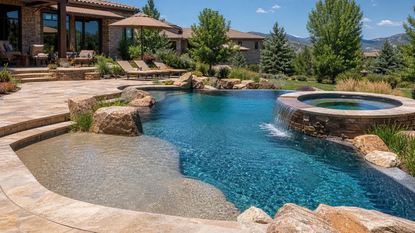 Custom concrete pool with spa and stone hardscape