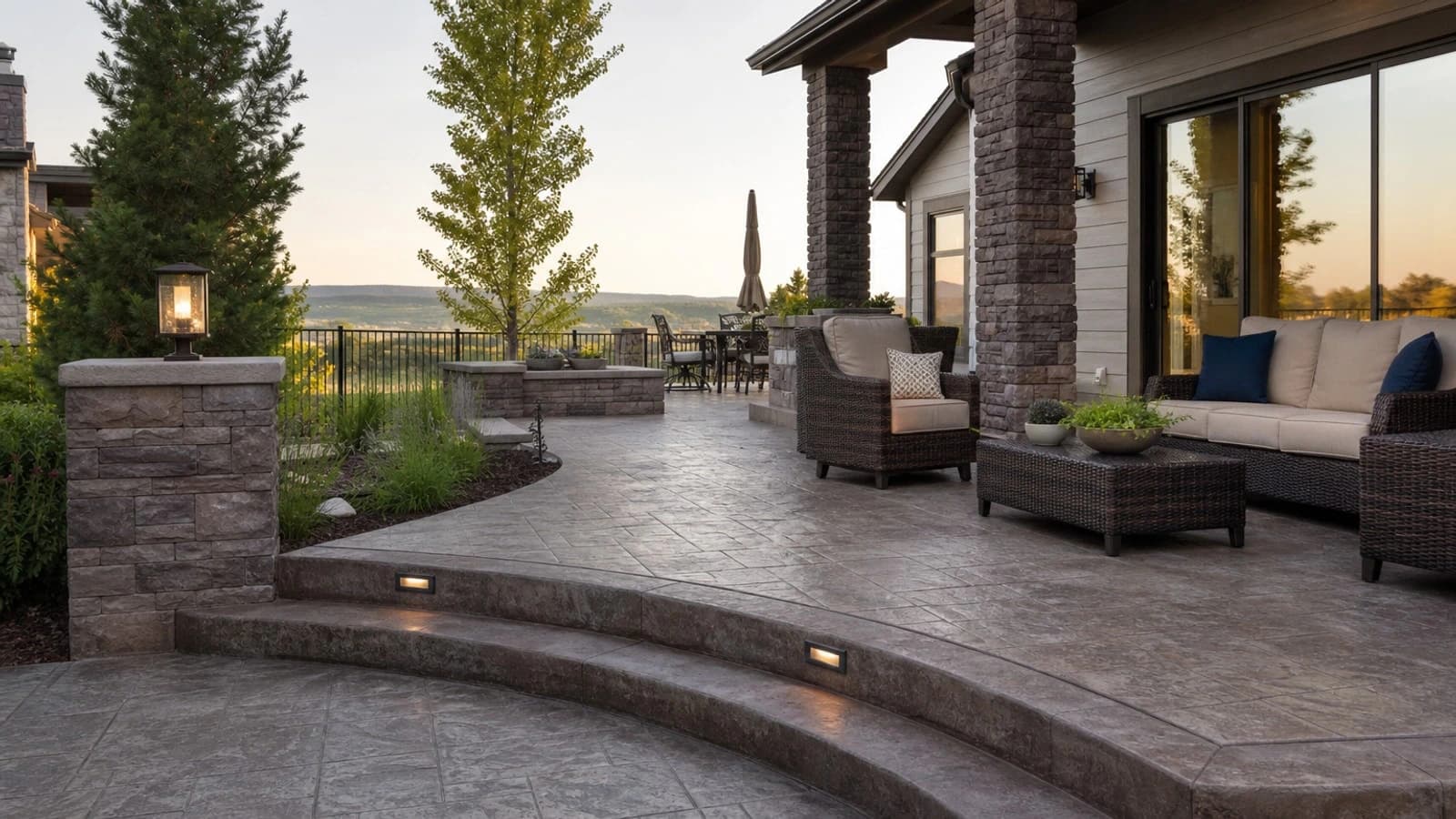 Stamped concrete patio texture and outdoor seating